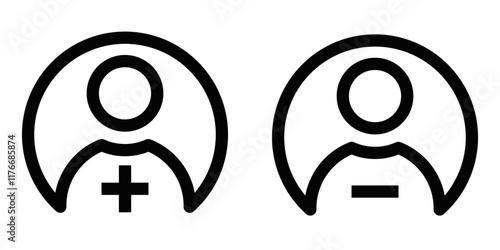 Add or remove user vector icon in outline style. Editable stroke.