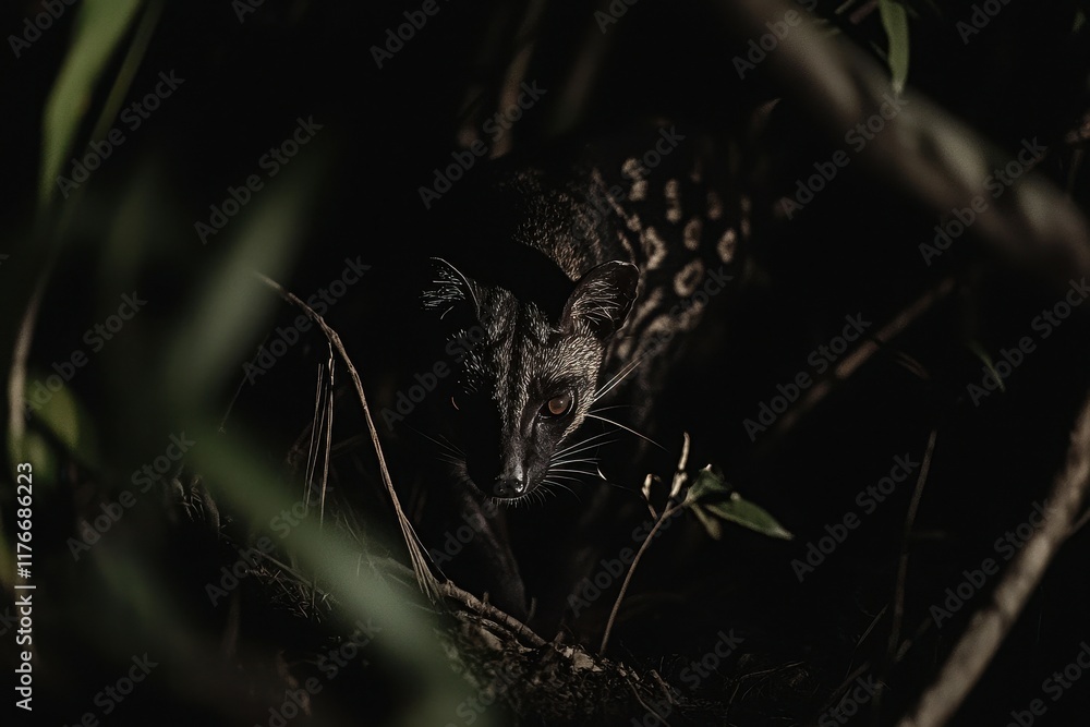 A detailed shot of an African civet cat prowling through the underbrush at night A detailed shot of an African civet cat prowling through the underbrush at night