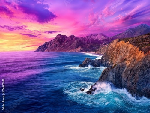 Breathtaking Sunset Over Dramatic Coastal Landscape with Vibrant Pink and Purple Skies, Capturing the Essence of Nature's Beauty and Serenity photo