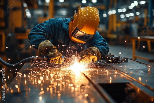 Experienced welder in protective gear working in a workshop, sparks flying from a welding torch. Generative AI photo