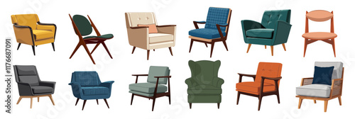 Set of different vintage mid century modern armchairs. Comfortable soft furniture different colors, shapes and viewing angle back, front and side. Vector realistic illustration isolated.