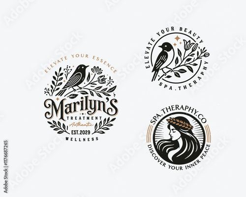 Elegant unique nature with bird combine with goddess feminine woman logo for beauty salon, spa, cosmetic, and skincare brand