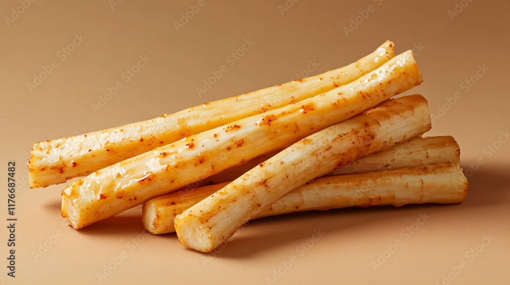 A Thanksgiving-inspired presentation of parsnips glazed with maple syrup, isolated on a warm brown background A Thanksgiving-inspired presentation of parsnips glazed with maple syrup, isolated on a warm brown background