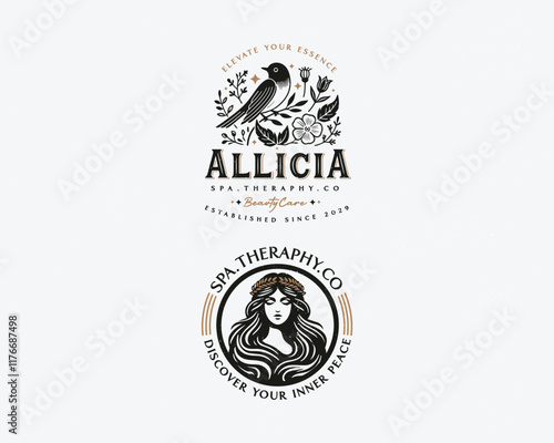 Elegant unique nature with bird combine with goddess feminine woman logo for beauty salon, spa, cosmetic, and skincare brand