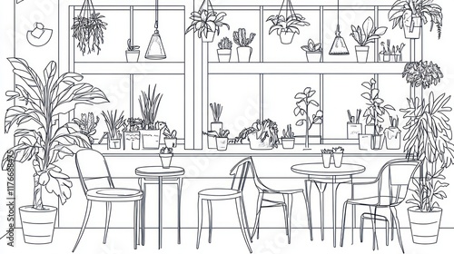 Plant-filled cafe interior, window display, line art, urban setting, menu design photo