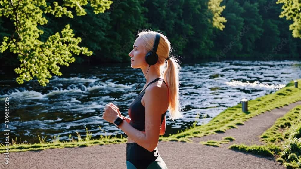 custom made wallpaper toronto digitalBeautiful Blonde Woman running near a river in the forest female, beautiful, woman, young, happy, hair, portrait, girl, beauty, background, face, model, isolated, white studio pretty person caucasian