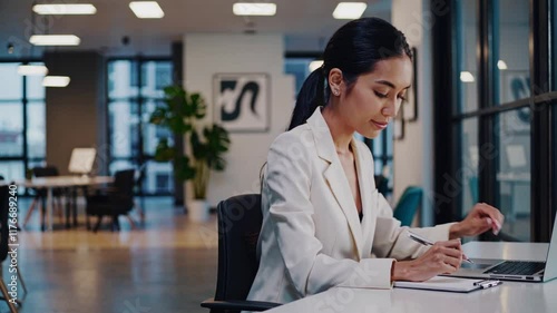 beautiful asian secretary working in office woman, notebook, student, paperwork, copy space, asian, occupation, face, asian, model, young, beautiful, beauty, skin, portrait, make up, upper body, white