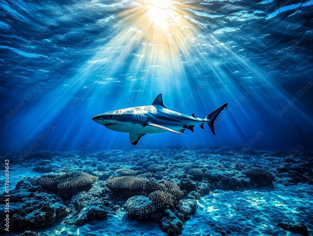 Fototapeta premium Majestic Shark Gliding Gracefully Through Crystal Clear Waters Illuminated by Sunlight, Captivating Seabed and Ray-Like Patterns Below