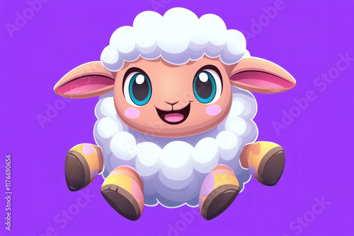 Cute cartoon sheep with fluffy wool and bright blue eyes, smiling happily photo