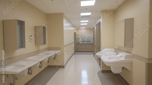 Clean, bright hallway, sinks, and mirrors.