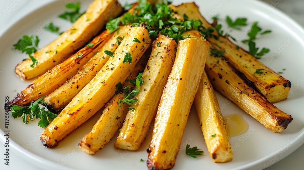 Roasted parsnips drizzled with honey, isolated on a clean white plate with artistic garnishes Roasted parsnips drizzled with honey, isolated on a clean white plate with artistic garnishes