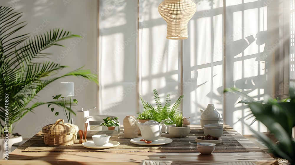 Sunlit tranquil room, houseplants, wooden table, minimalist, serene, morning light Sunlit tranquil room, houseplants, wooden table, minimalist, serene, morning light
