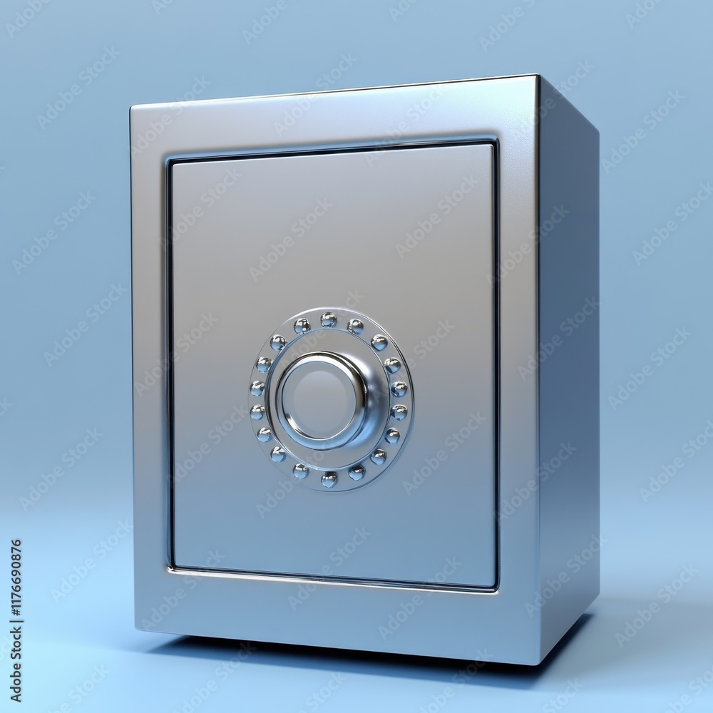 A sleek, metallic safe, exuding security and reliability with a shiny finish against a soft blue background. A sleek, metallic safe, exuding security and reliability with a shiny finish against a soft blue background.