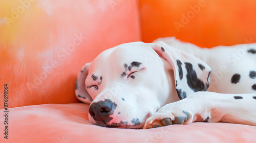 A Dalmatian puppy peacefully sleeping on a vibrant orange couch, capturing a serene and cozy moment photo