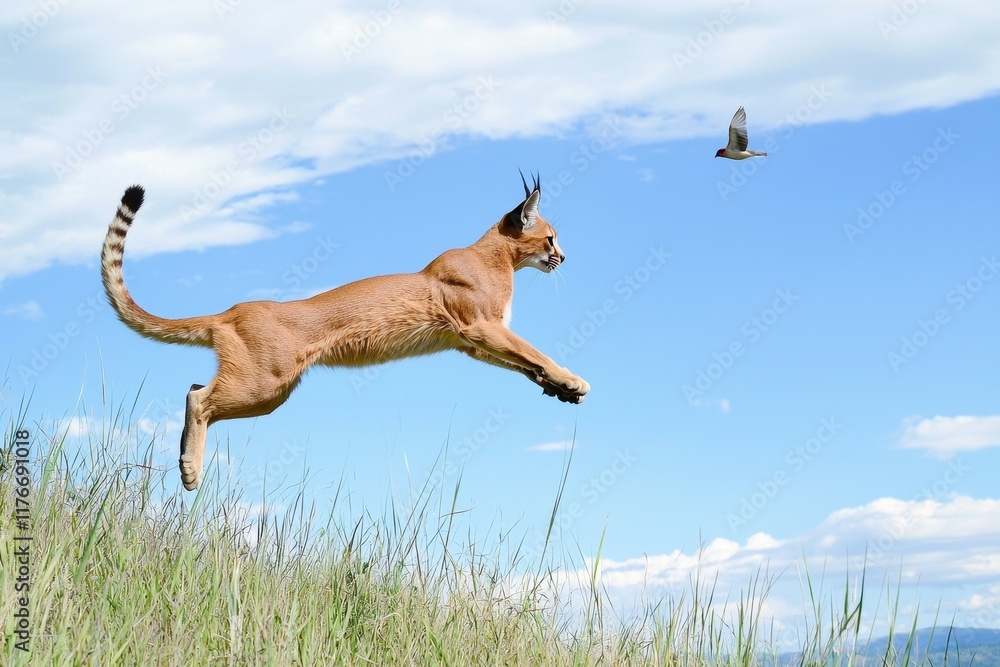 A dynamic image of a caracal leaping high into the air to catch a bird. A dynamic image of a caracal leaping high into the air to catch a bird.