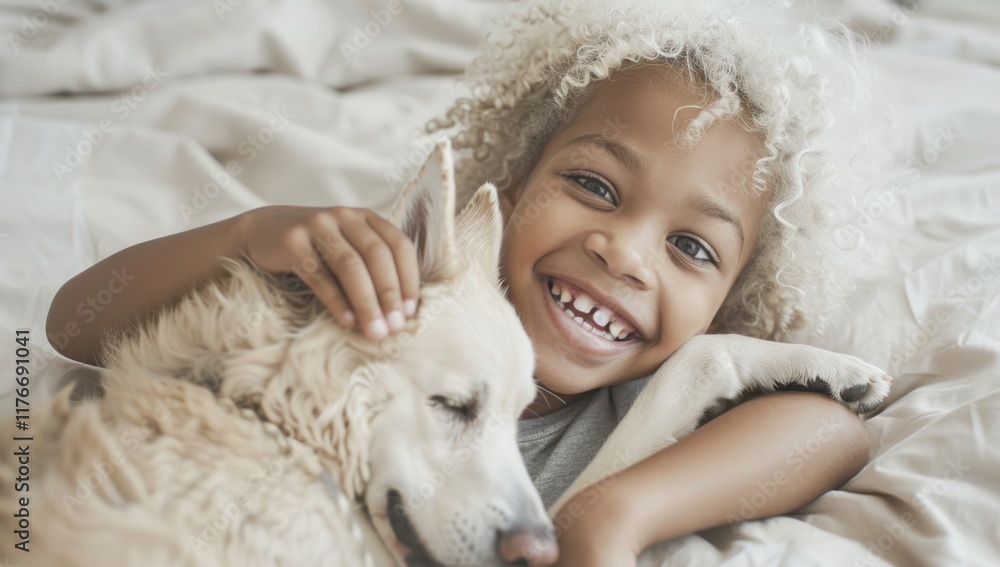 Little child and dog lying on snow-white bed next to each other Little child and dog lying on snow-white bed next to each other