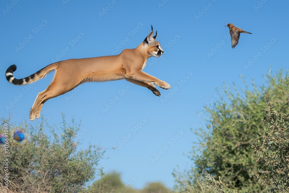 A dynamic image of a caracal leaping high into the air to catch a bird. A dynamic image of a caracal leaping high into the air to catch a bird.