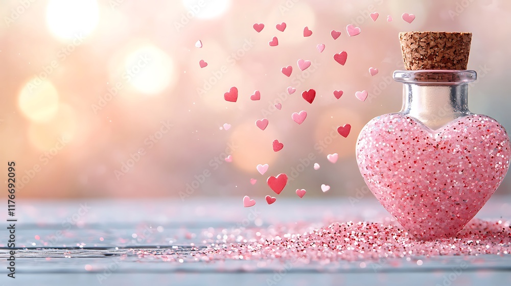 Fototapeta premium Valentine's day love potion romantic setting heart-shaped glitter soft glow whimsical concept