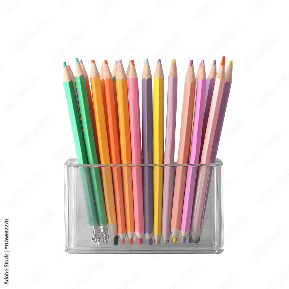 Obraz premium Colorful pencils in clear holder transparent background studio setting creative concept