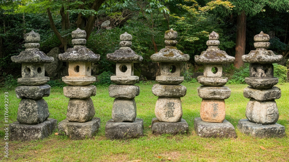 Serene Stone Lanterns in a Japanese Garden Serene Stone Lanterns in a Japanese Garden
