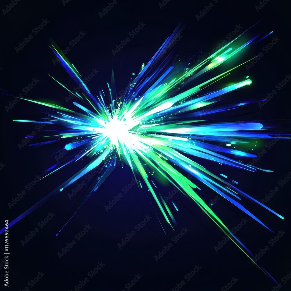 Naklejka premium Abstract blue and green burst of light radiating against a dark background.