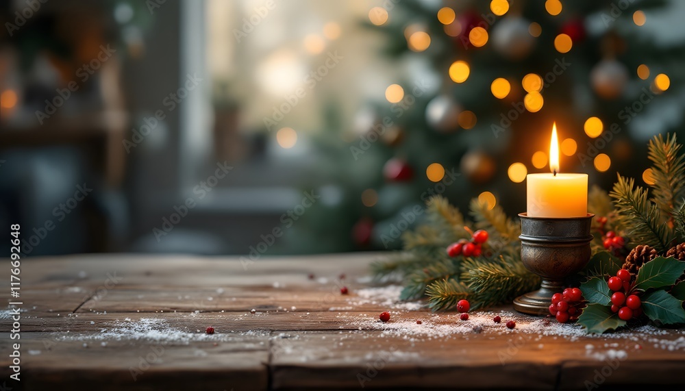 A Cozy Christmas Scene with Candles, Holiday Decorations and Warm Ambiance A Cozy Christmas Scene with Candles, Holiday Decorations and Warm Ambiance