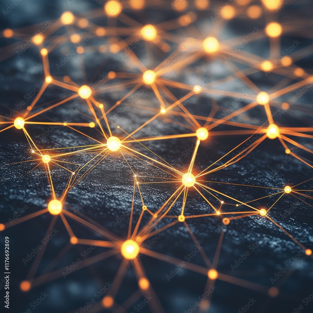 Fototapeta premium Abstract digital network with glowing orange connections against a dark background.