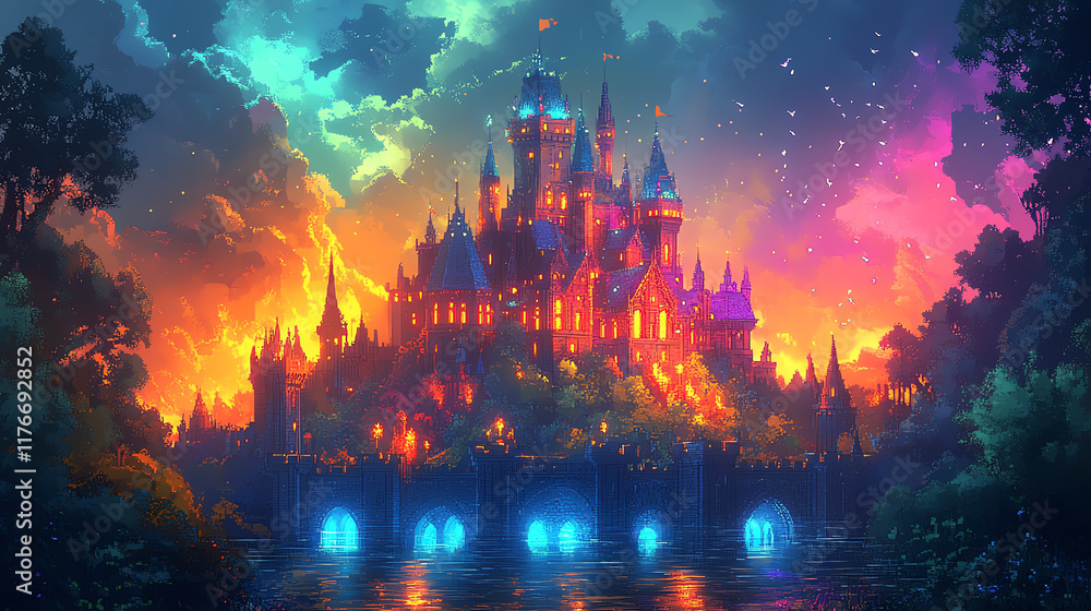 Fototapeta premium A vibrant fantasy castle under a colorful sky.