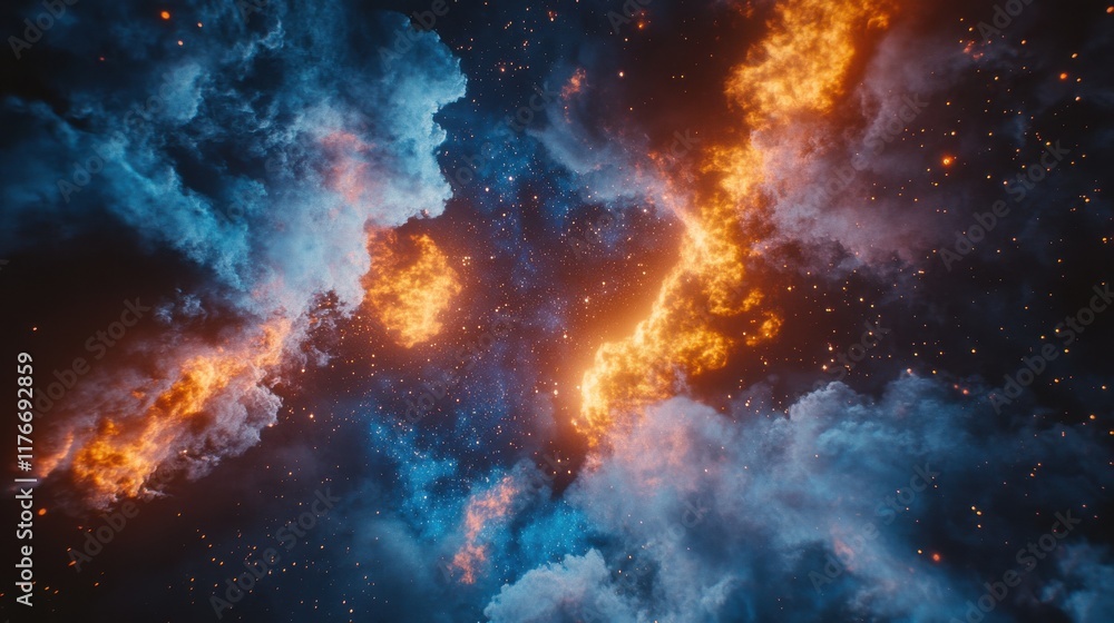 A captivating cosmic scene showcasing vibrant blue and orange clouds amidst a starry sky. A captivating cosmic scene showcasing vibrant blue and orange clouds amidst a starry sky.