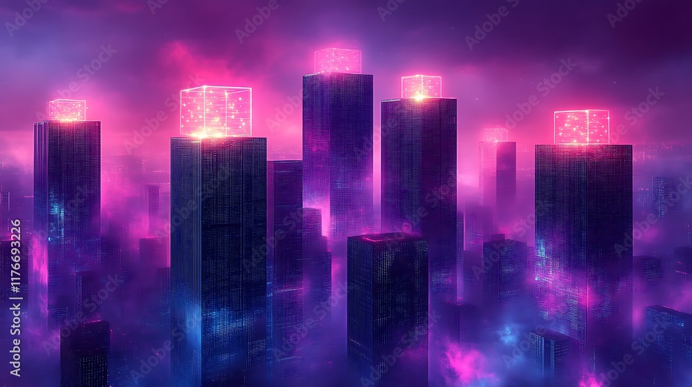 Futuristic Cityscape With Illuminated Cubes Atop Skyscrapers Futuristic Cityscape With Illuminated Cubes Atop Skyscrapers