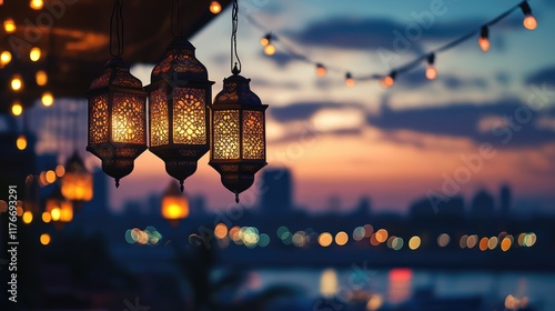Colorful lanterns glow warmly as the sun sets, celebrating Ramadan with community gatherings and reflections by the tranquil river