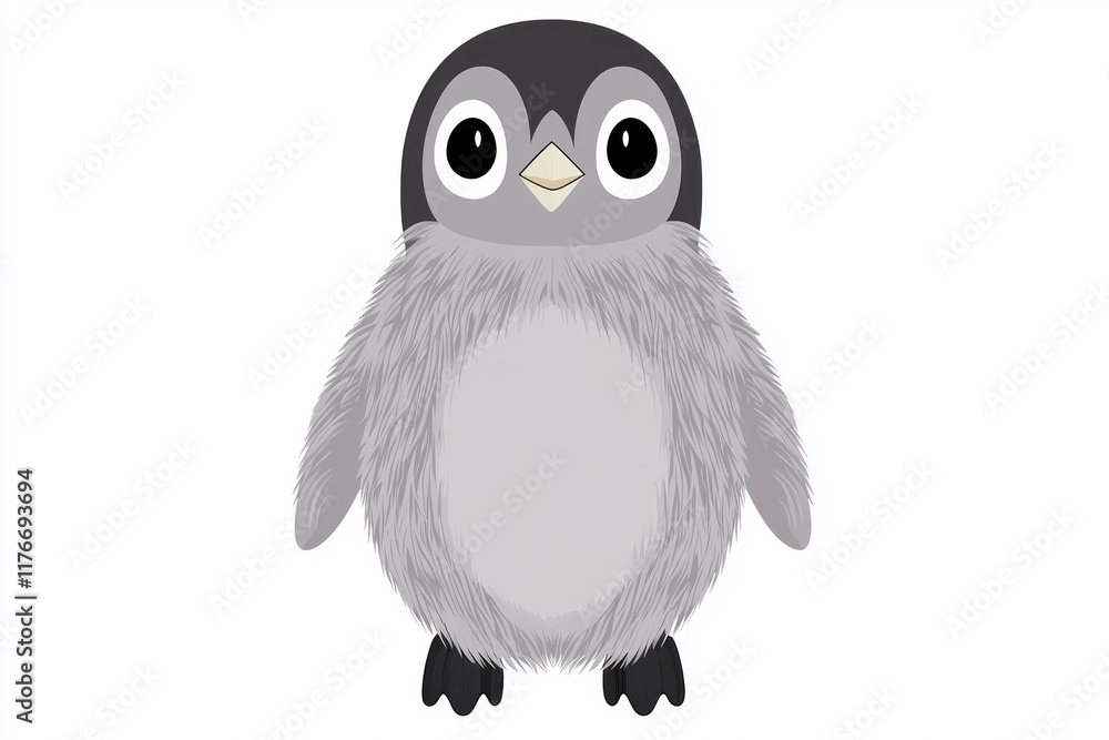 Obraz premium Cute cartoon penguin with fluffy gray feathers and big eyes