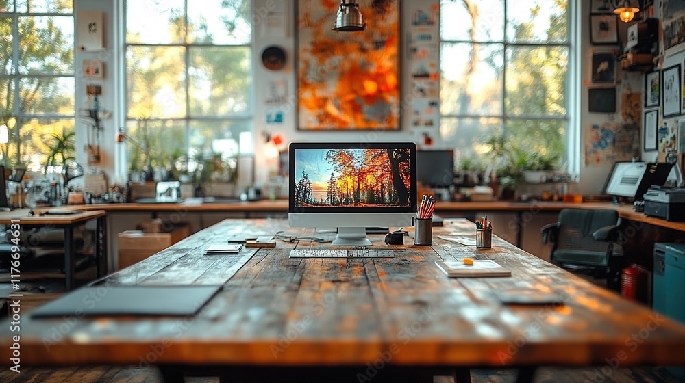 A cozy workspace with a computer and natural light, ideal for creativity and productivity. A cozy workspace with a computer and natural light, ideal for creativity and productivity.