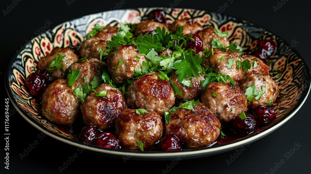 A plate of Swedish meatballs garnished with lingonberries and fresh parsley, isolated on a smooth black background