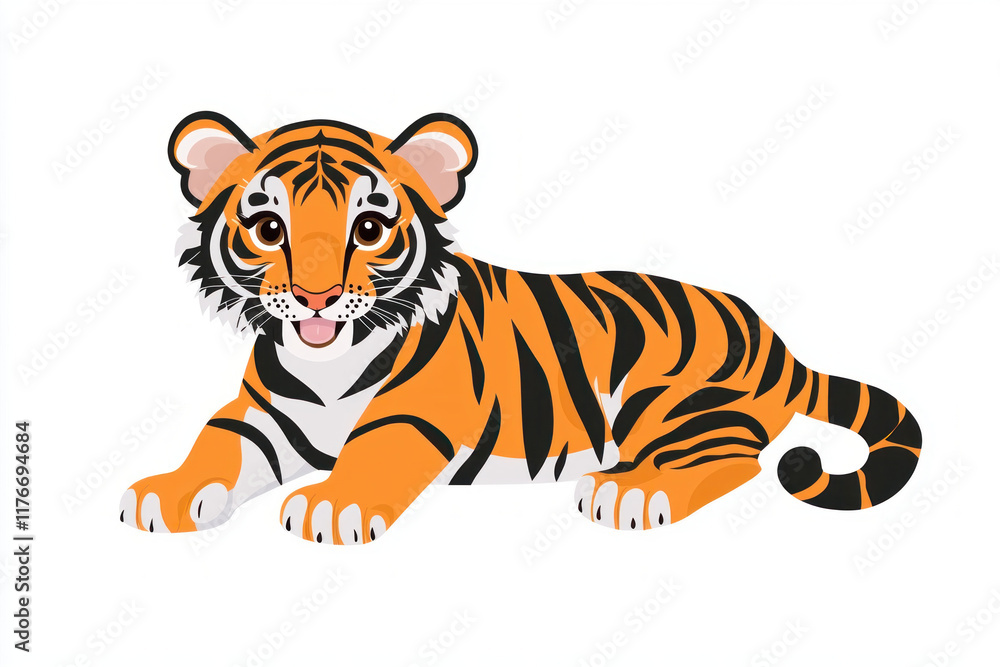 Obraz premium Cute cartoon tiger with orange and black stripes, playful expression
