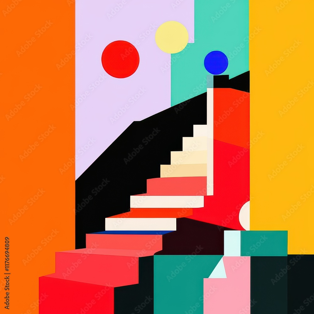 A vivid abstract composition featuring colorful stairs and geometric shapes in a vibrant setting. A vivid abstract composition featuring colorful stairs and geometric shapes in a vibrant setting.