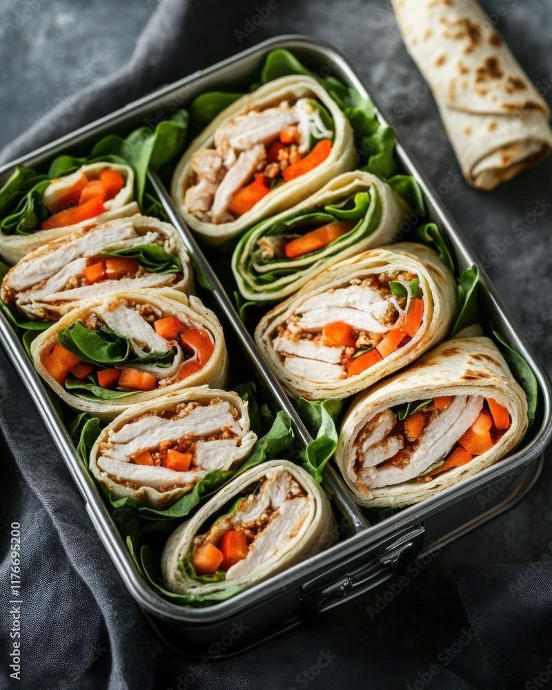 Delicious chicken wraps with fresh vegetables in a metal lunchbox, perfect for a healthy meal. Delicious chicken wraps with fresh vegetables in a metal lunchbox, perfect for a healthy meal.
