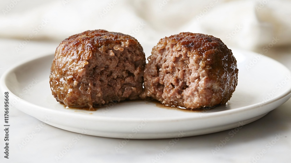 A single Swedish meatball cut in half to reveal its perfect texture, isolated on a clean white plate A single Swedish meatball cut in half to reveal its perfect texture, isolated on a clean white plate