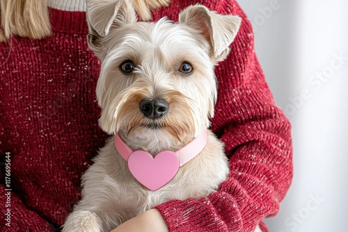 Valentine's themed matching outfits for dog and owner concept. A cute dog with a heart collar cuddled in a person's arms photo