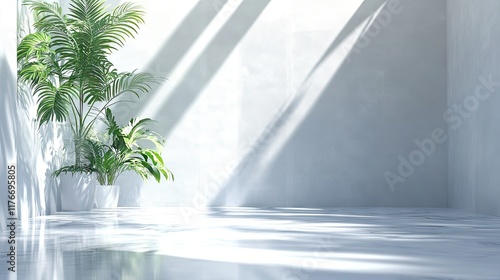 A contemporary Zoom room with light gray walls, indoor plants, and clean furnishings