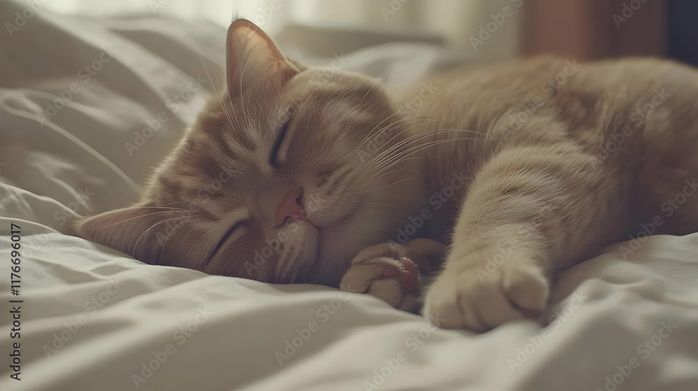 Fototapeta premium Sleeping Cat Illustration: Peaceful Feline Resting on Soft Bedding