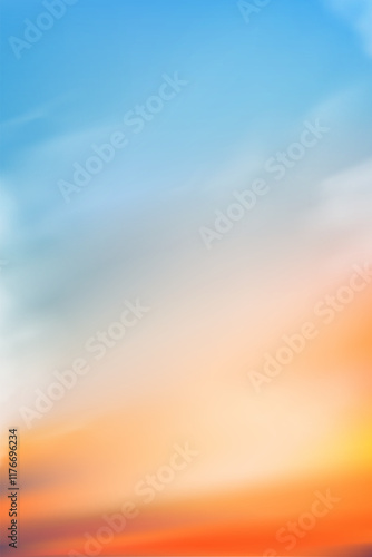 Sky Sunset,Cloud Background.Summer Sunrise sky in blue,yellow,orange over sea in morning,Vector cartoon sundown on beach in evening,Spring sky dramatic sunny.Winter climate for Nature Background