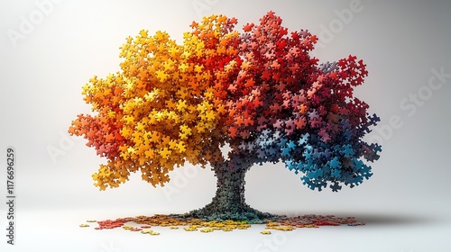 A vibrant tree made of colorful puzzle pieces, symbolizing creativity and unity.