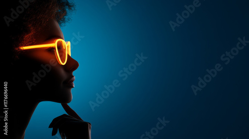 A profile view of a black afro American woman wearing vibrant neon glasses in a dark environment, showcasing creativity and innovation, with ample blank blue space enhancing the intriguing ambiance. photo