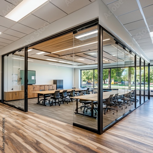 Dynamic collaborative learning space with movable walls modern office interior design bright environment wide-angle view innovative concepts for ada compliance