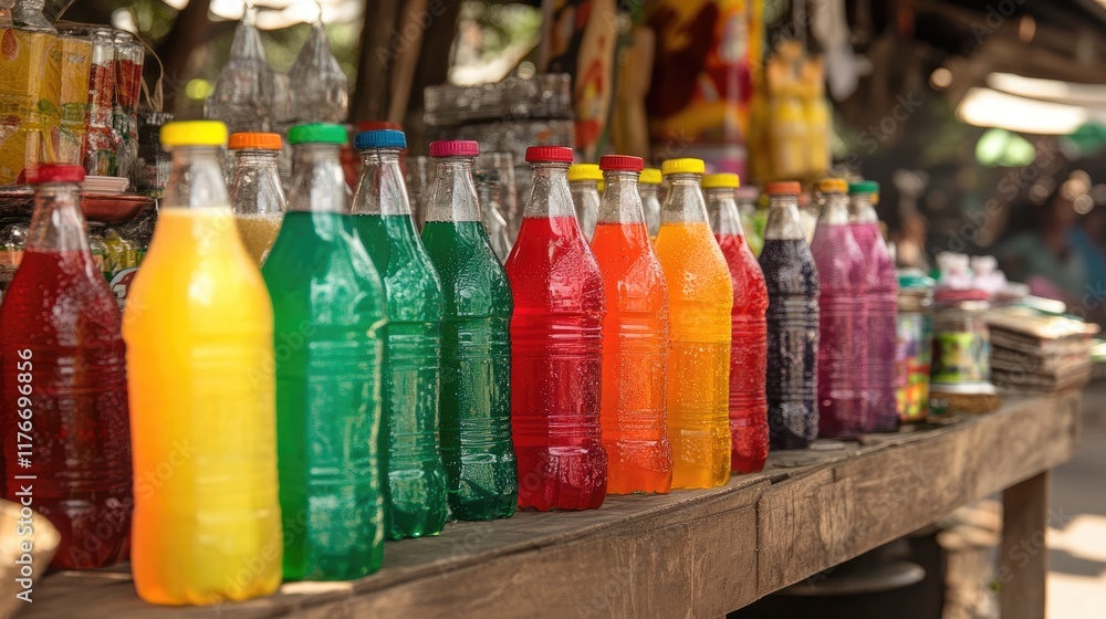A display of colorful masala soda bottles in a summer market A display of colorful masala soda bottles in a summer market