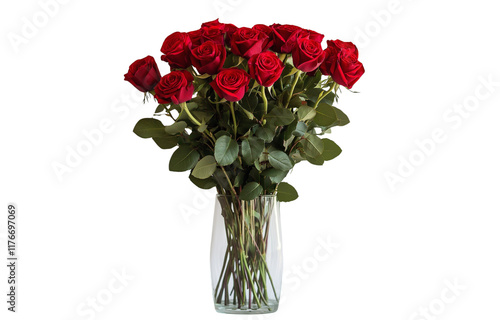  Red roses in a vase on a table, with a white wall background (2)