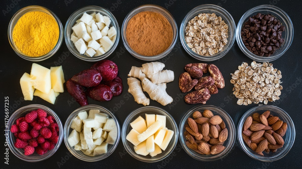 A fun overhead shot of colorful smoothie ingredients laid out in a flatlay style A fun overhead shot of colorful smoothie ingredients laid out in a flatlay style