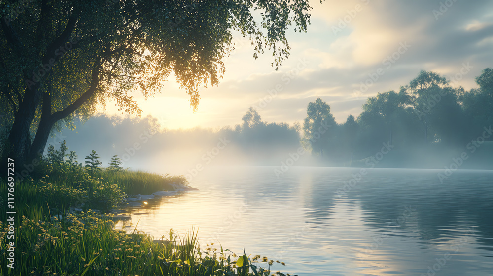 Fototapeta premium Tranquil river scene with morning mist and trees.