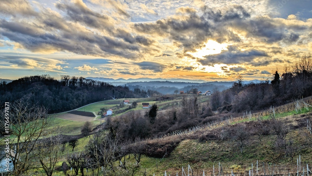 Beautiful winter sunset landscape scenery, countryside at Klenice, county Hrvatsko zagorje, Croatia, nature background
